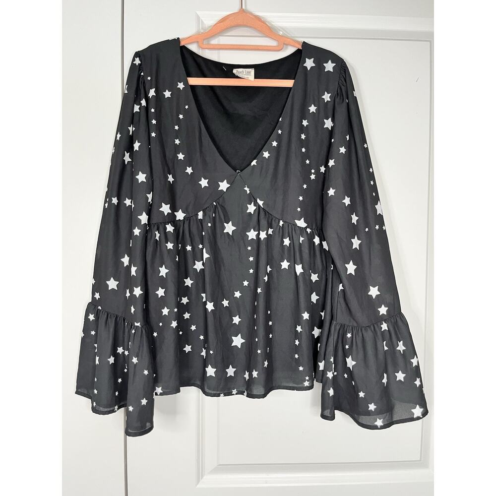 Peach Love Cali Star Print Baby Doll Blouse Bell Sleeves Cowgirl Western Size L